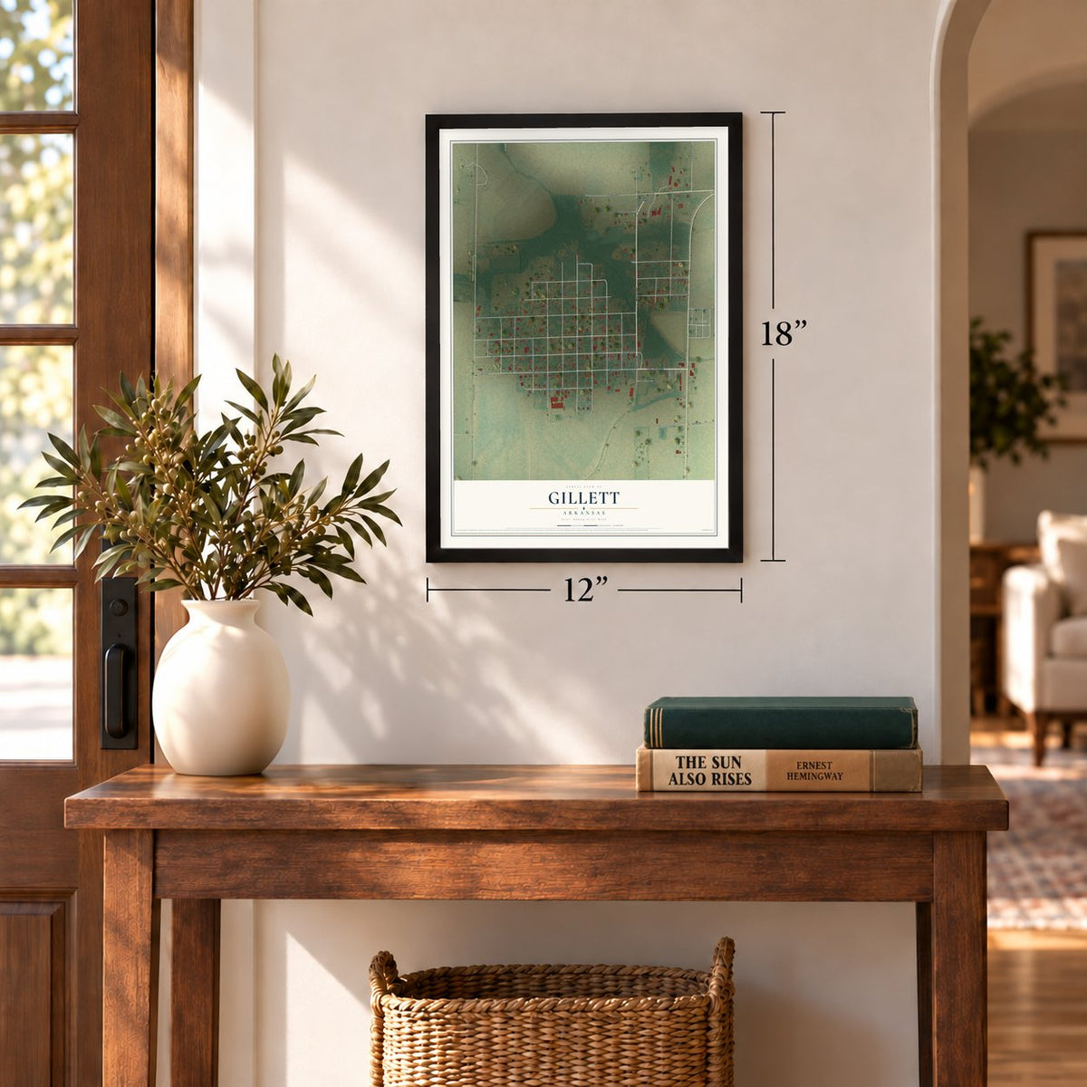 Gillett, Arkansas map, 12 x 18 inch print in a black frame in an entryway