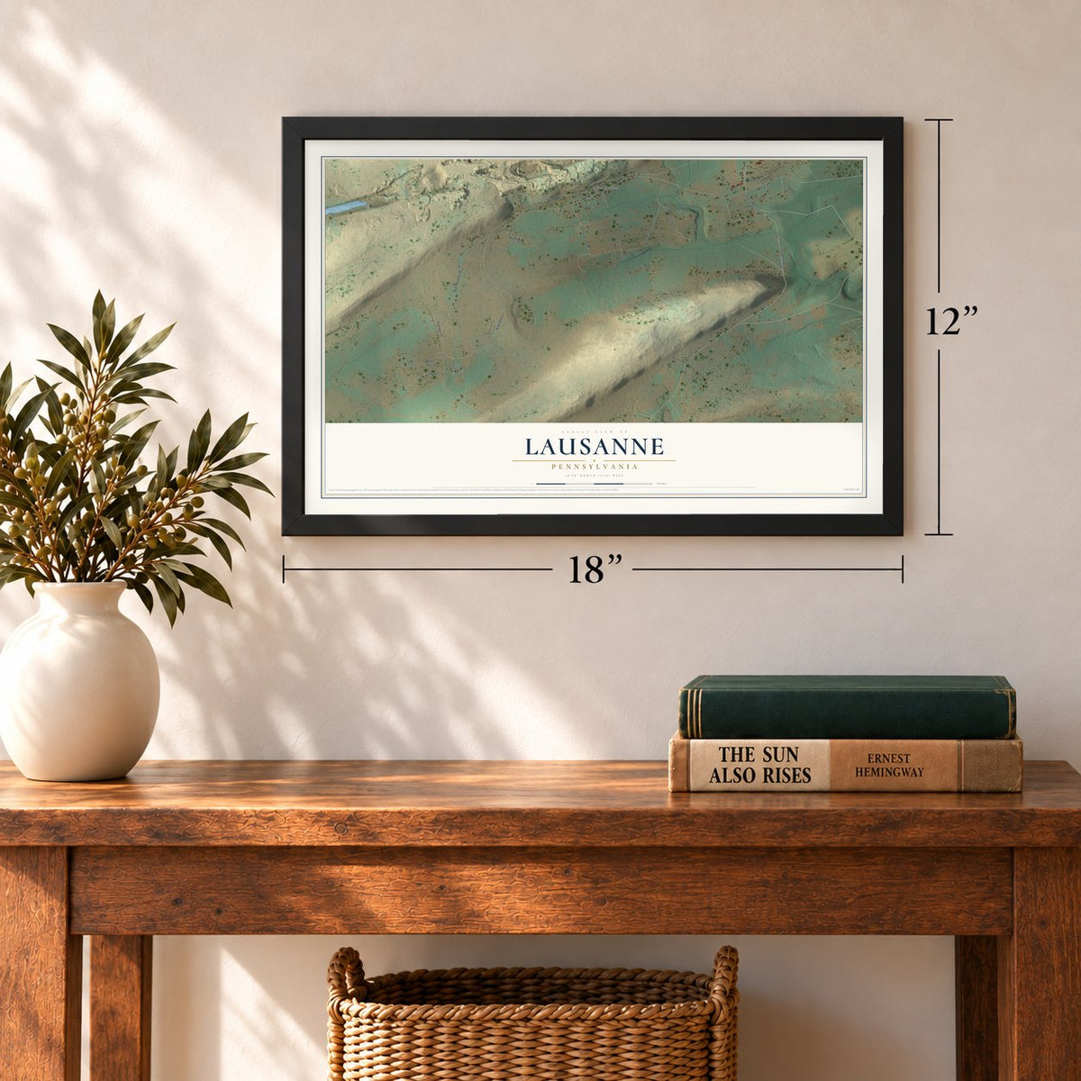 Lausanne, Pennsylvania map, 12 x 18 inch print in a black frame in an entryway