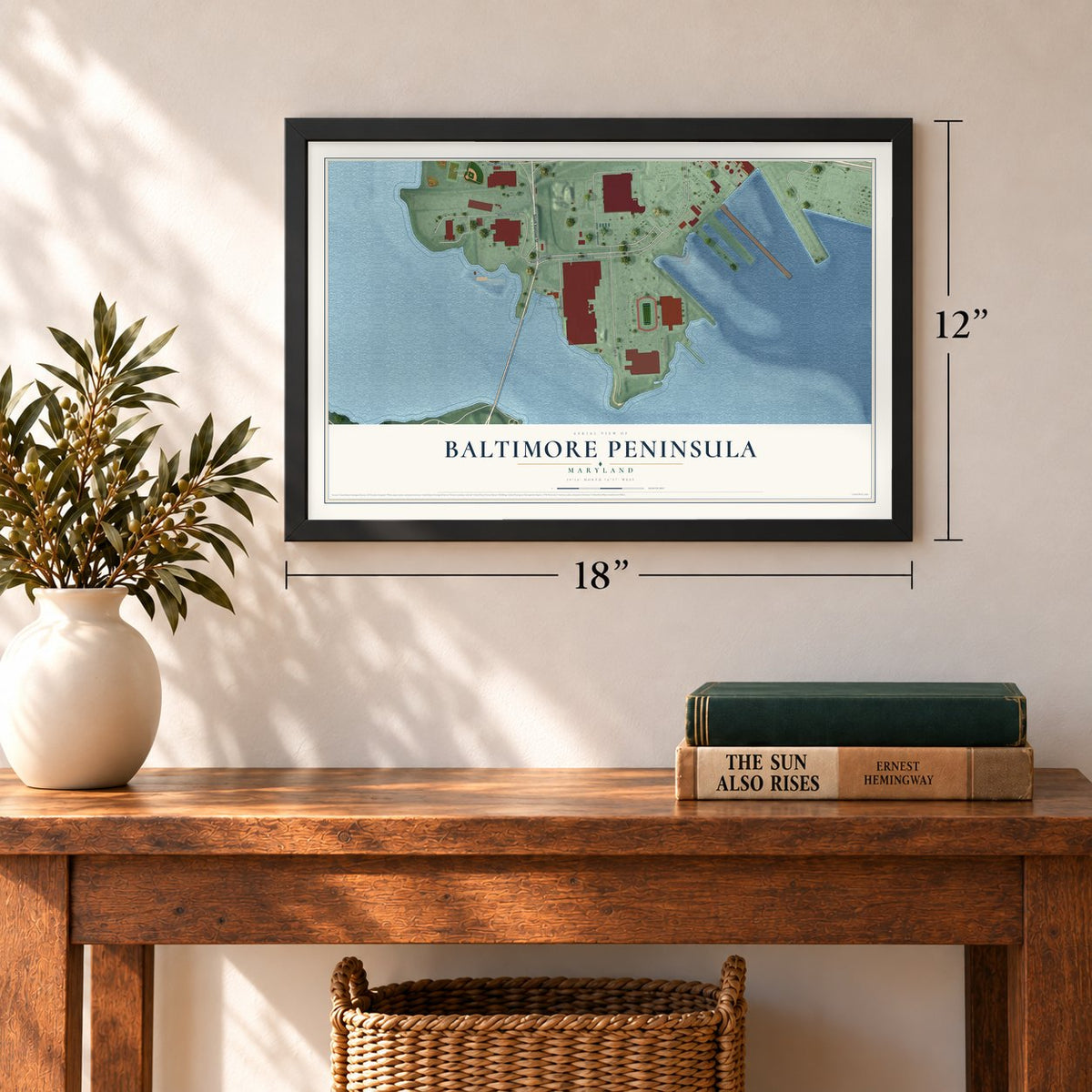 Baltimore Peninsula, Maryland map, 12 x 18 inch print in a black frame in an entryway