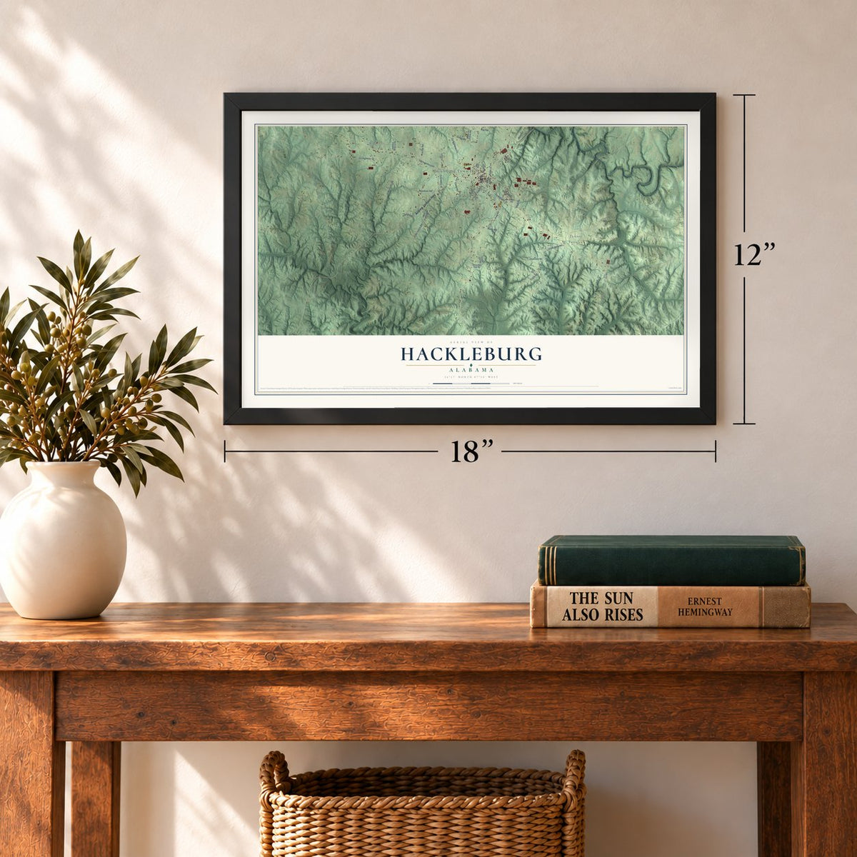 Hackleburg, Alabama map, 12 x 18 inch print in a black frame in an entryway