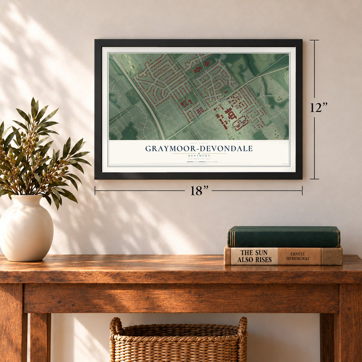 Graymoor-Devondale, Kentucky map, 12 x 18 inch print in a black frame in an entryway