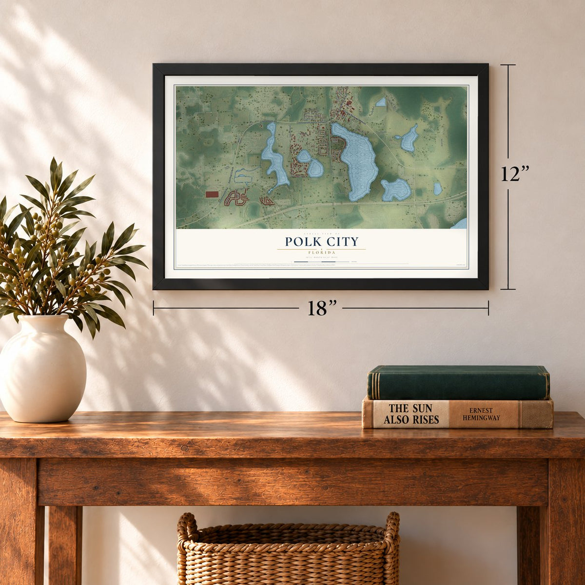 Polk City, Florida map, 12 x 18 inch print in a black frame in an entryway