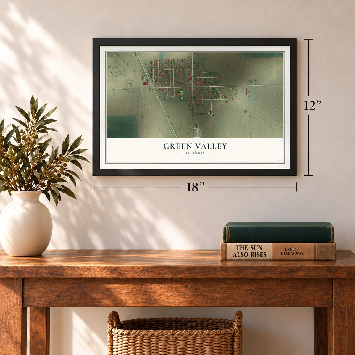 Green Valley, Illinois map, 12 x 18 inch print in a black frame in an entryway