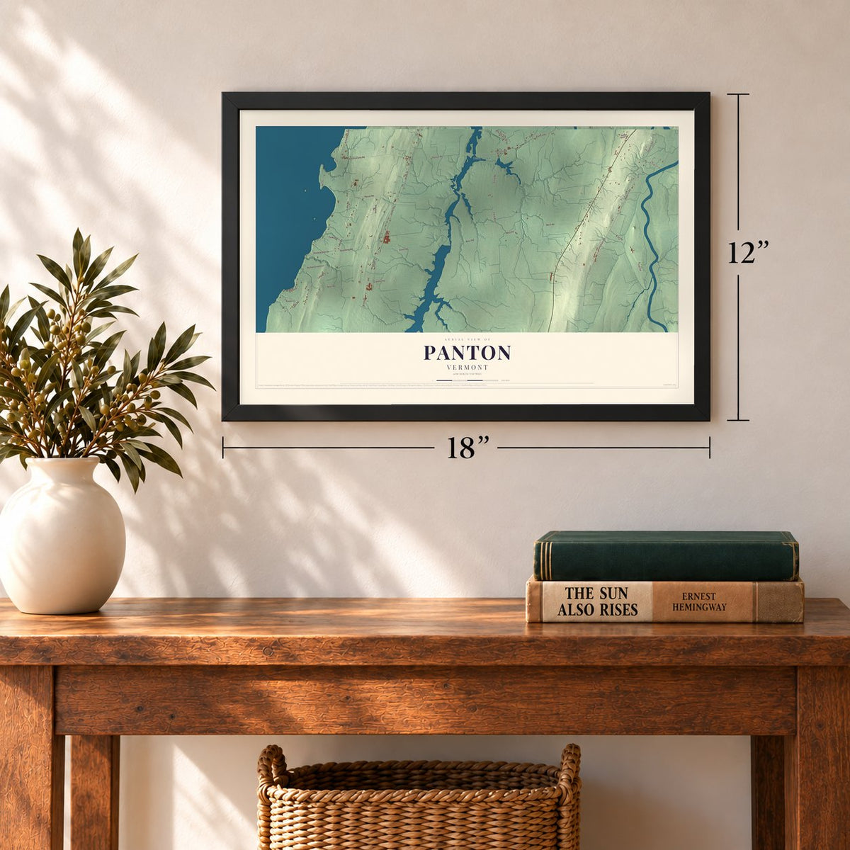Panton, Vermont map, 12 x 18 inch print in a black frame in an entryway