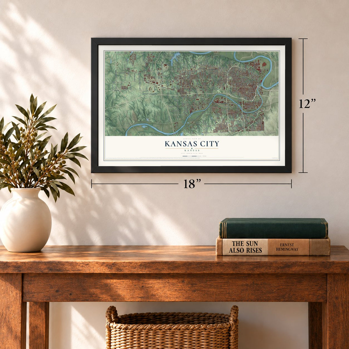 Kansas City, Kansas map, 12 x 18 inch print in a black frame in an entryway