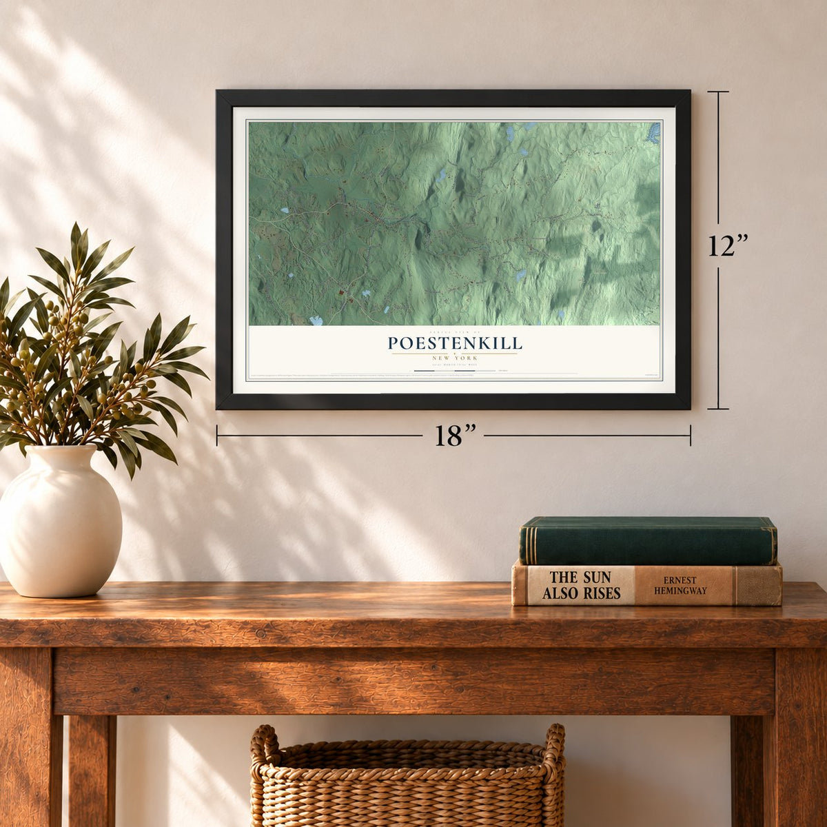 Poestenkill, New York map, 12 x 18 inch print in a black frame in an entryway