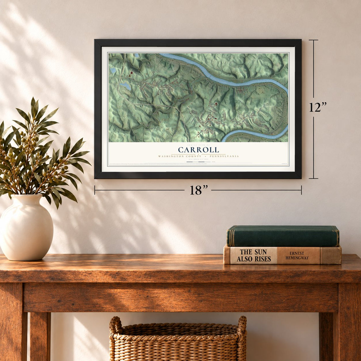 Carroll, Washington County, Pennsylvania map, 12 x 18 inch print in a black frame in an entryway