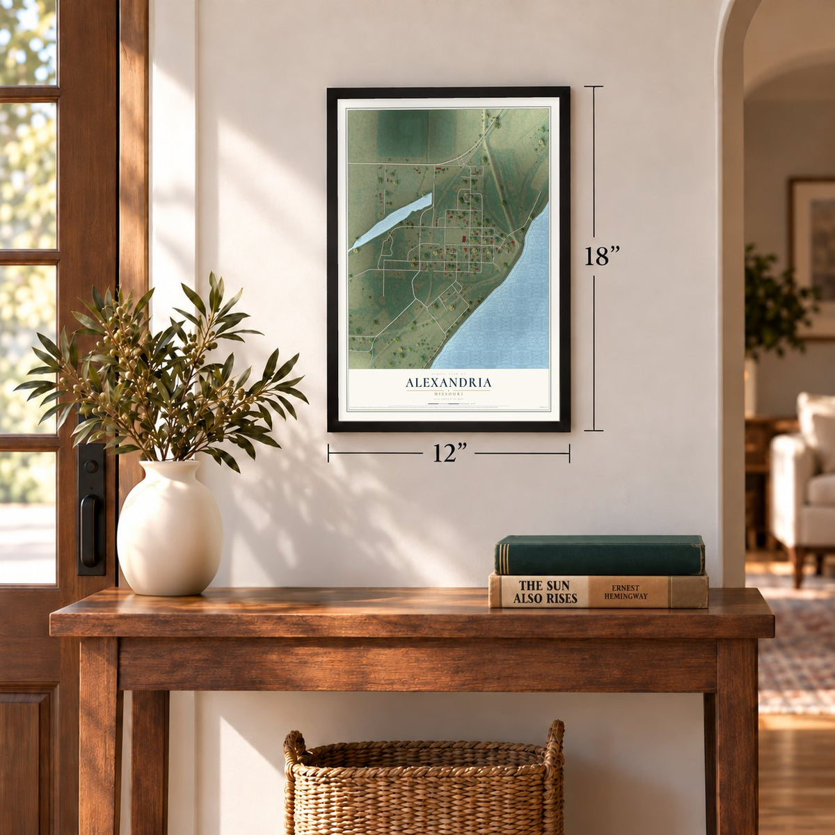 Alexandria, Missouri map, 12 x 18 inch print in a black frame in an entryway