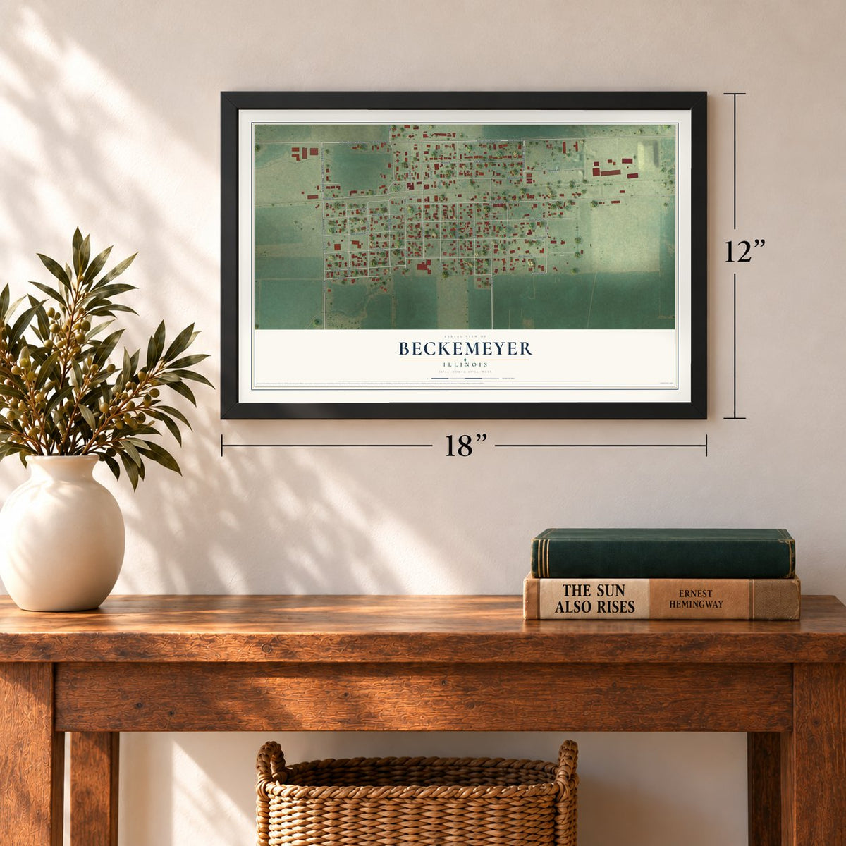 Beckemeyer, Illinois map, 12 x 18 inch print in a black frame in an entryway