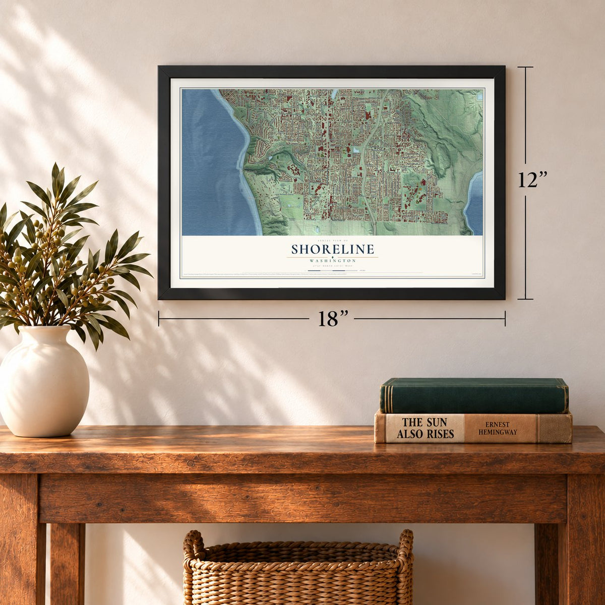 Shoreline, Washington map, 12 x 18 inch print in a black frame in an entryway