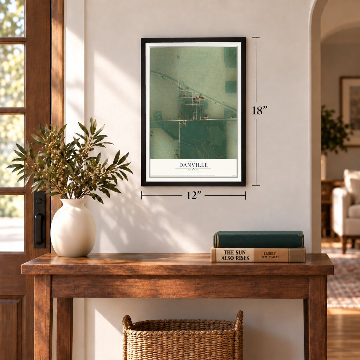 Danville, Kansas map, 12 x 18 inch print in a black frame in an entryway