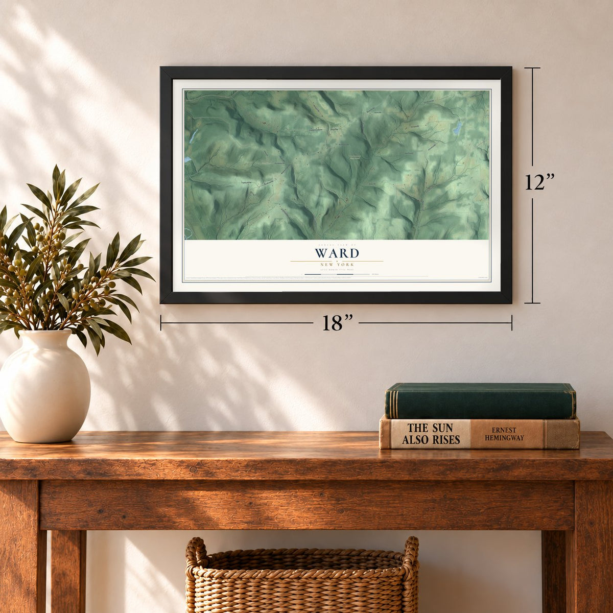 Ward, New York map, 12 x 18 inch print in a black frame in an entryway