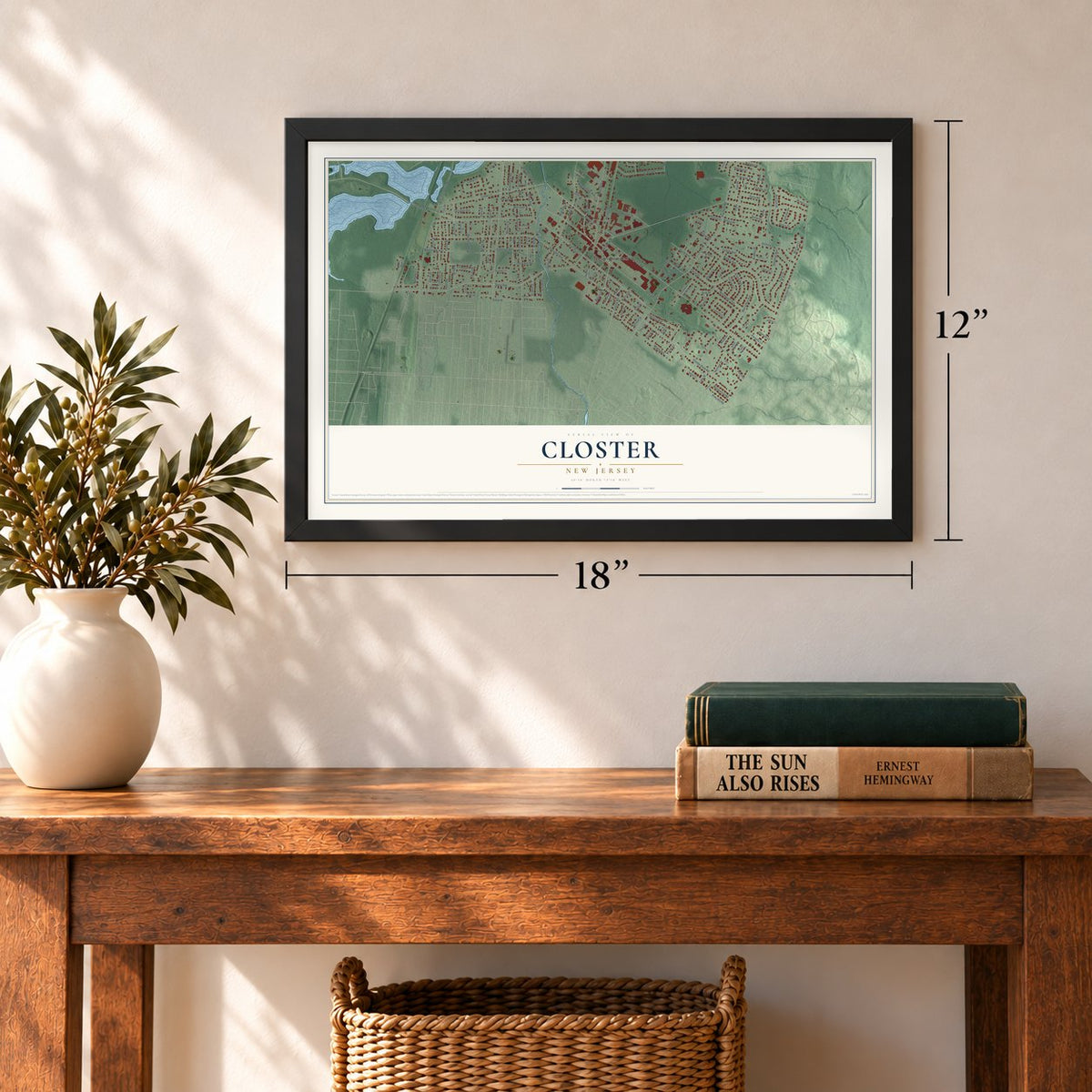 Closter, New Jersey map, 12 x 18 inch print in a black frame in an entryway