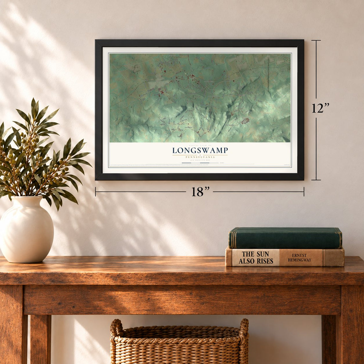 Longswamp, Pennsylvania map, 12 x 18 inch print in a black frame in an entryway