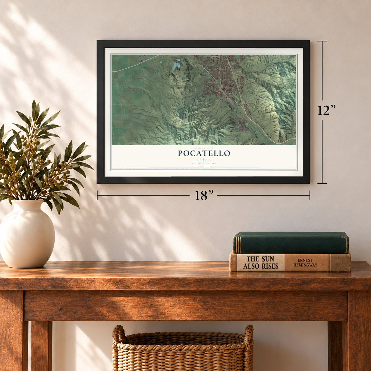 Pocatello, Idaho map, 12 x 18 inch print in a black frame in an entryway