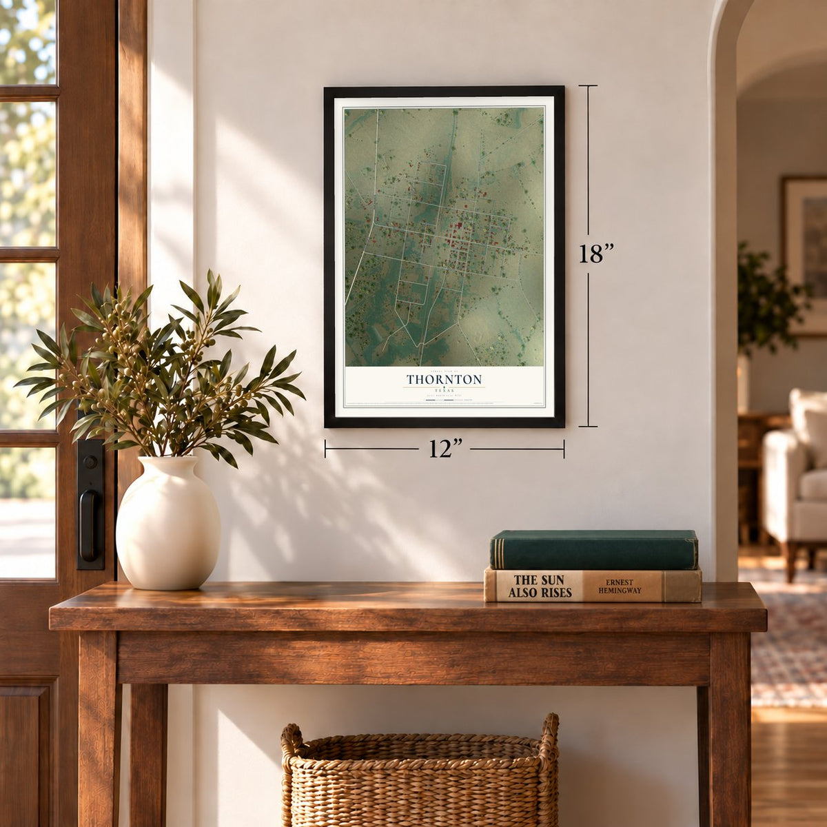 Thornton, Texas map, 12 x 18 inch print in a black frame in an entryway