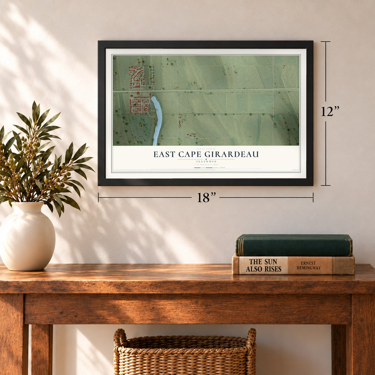 East Cape Girardeau, Illinois map, 12 x 18 inch print in a black frame in an entryway