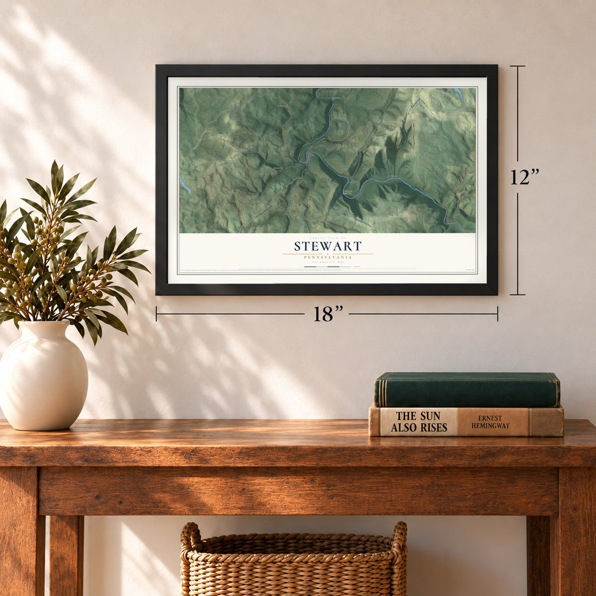 Stewart, Pennsylvania map, 12 x 18 inch print in a black frame in an entryway