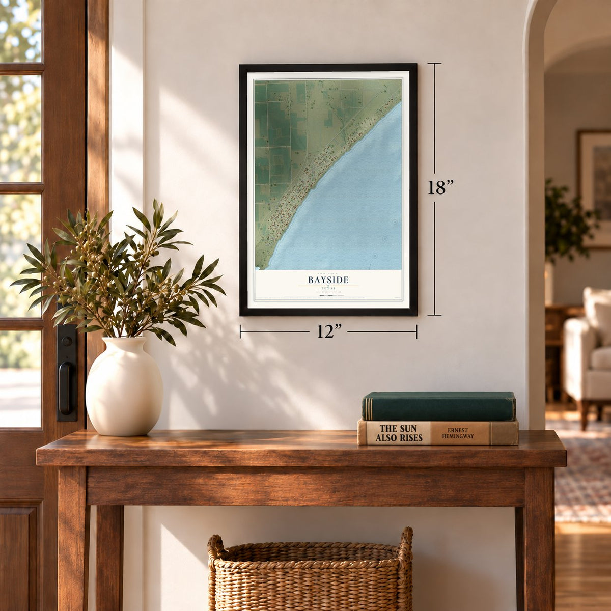Bayside, Texas map, 12 x 18 inch print in a black frame in an entryway