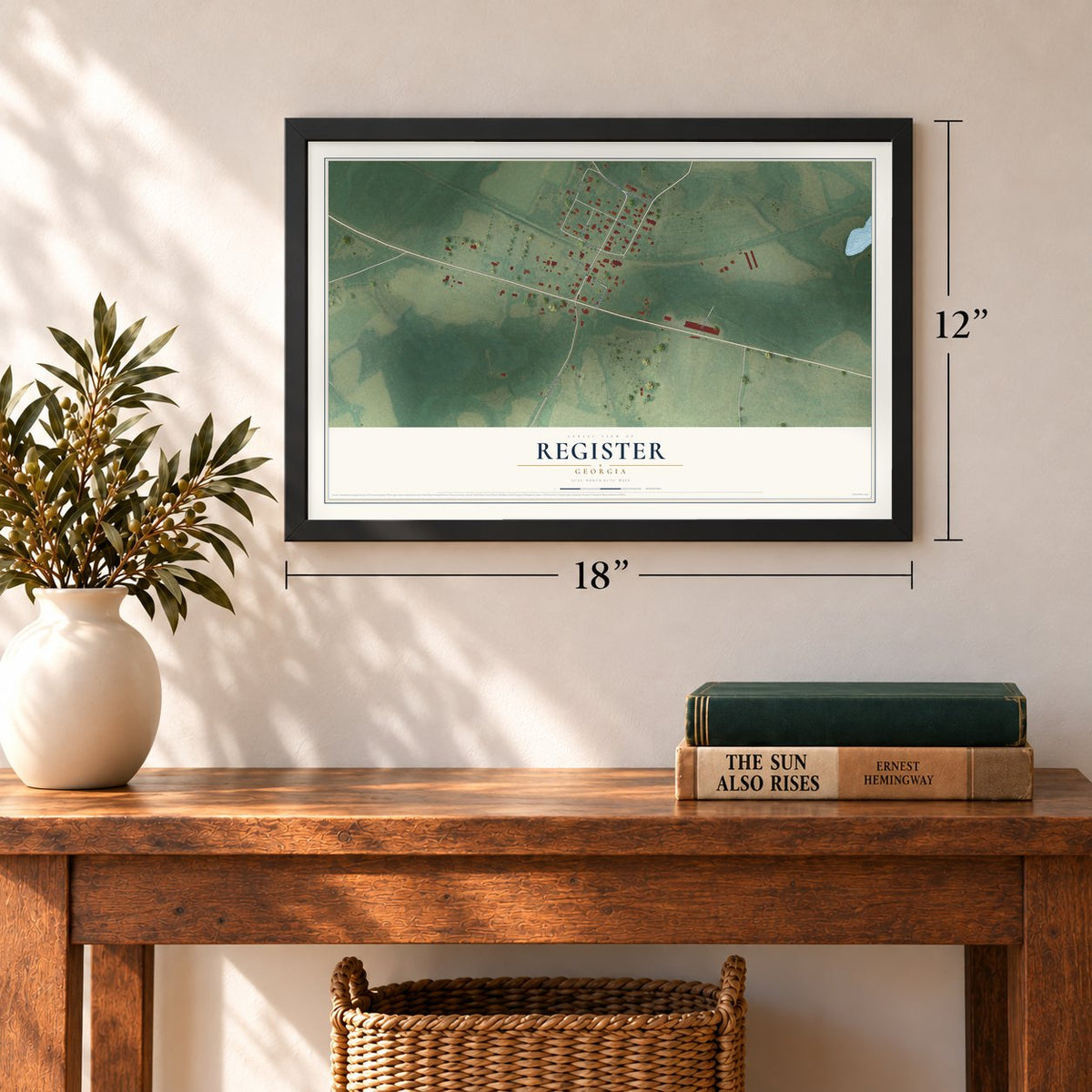 Register, Georgia map, 12 x 18 inch print in a black frame in an entryway