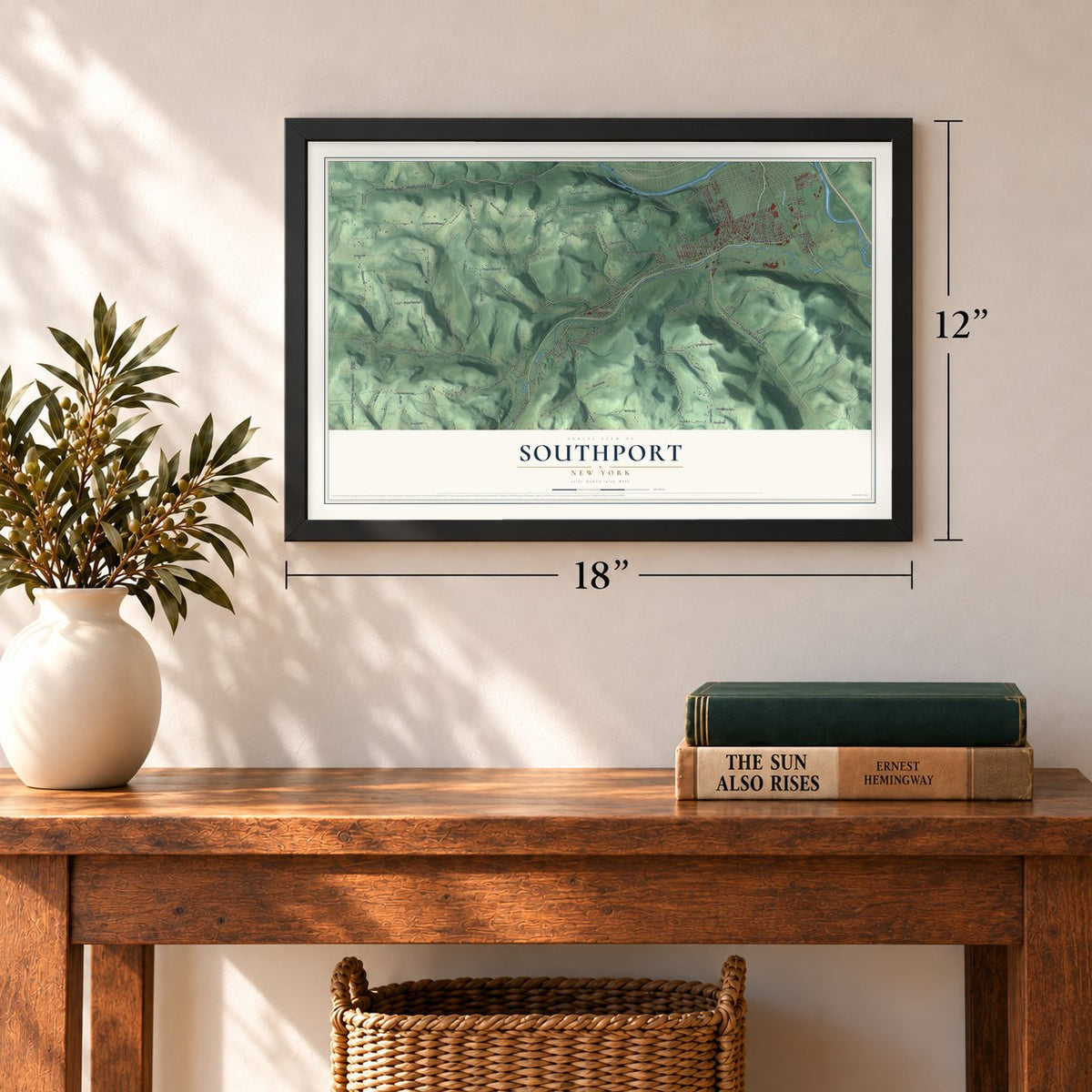 Southport, New York map, 12 x 18 inch print in a black frame in an entryway