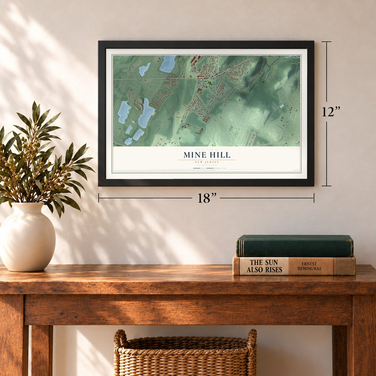 Mine Hill, New Jersey map, 12 x 18 inch print in a black frame in an entryway