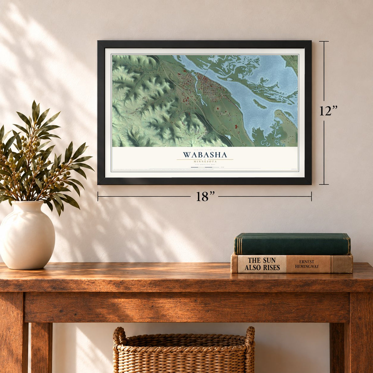Wabasha, Minnesota map, 12 x 18 inch print in a black frame in an entryway