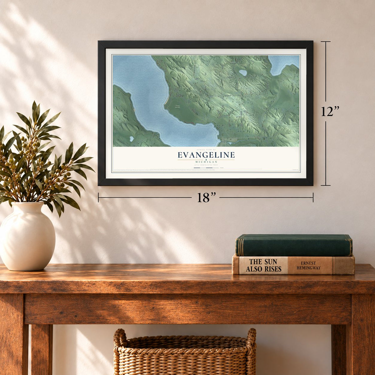 Evangeline, Michigan map, 12 x 18 inch print in a black frame in an entryway