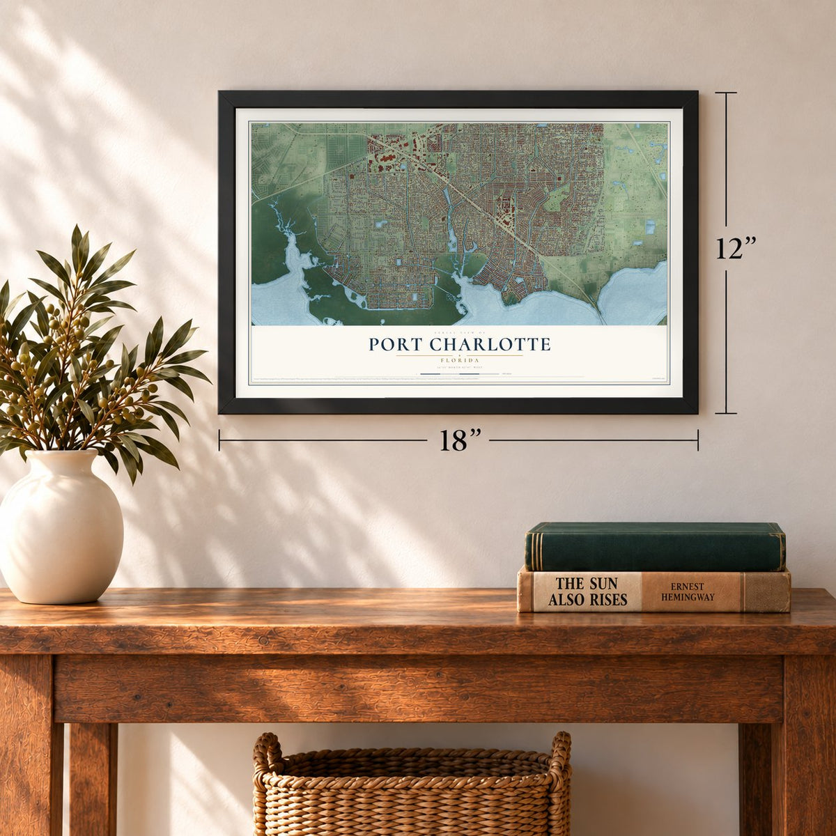 Port Charlotte, Florida map, 12 x 18 inch print in a black frame in an entryway