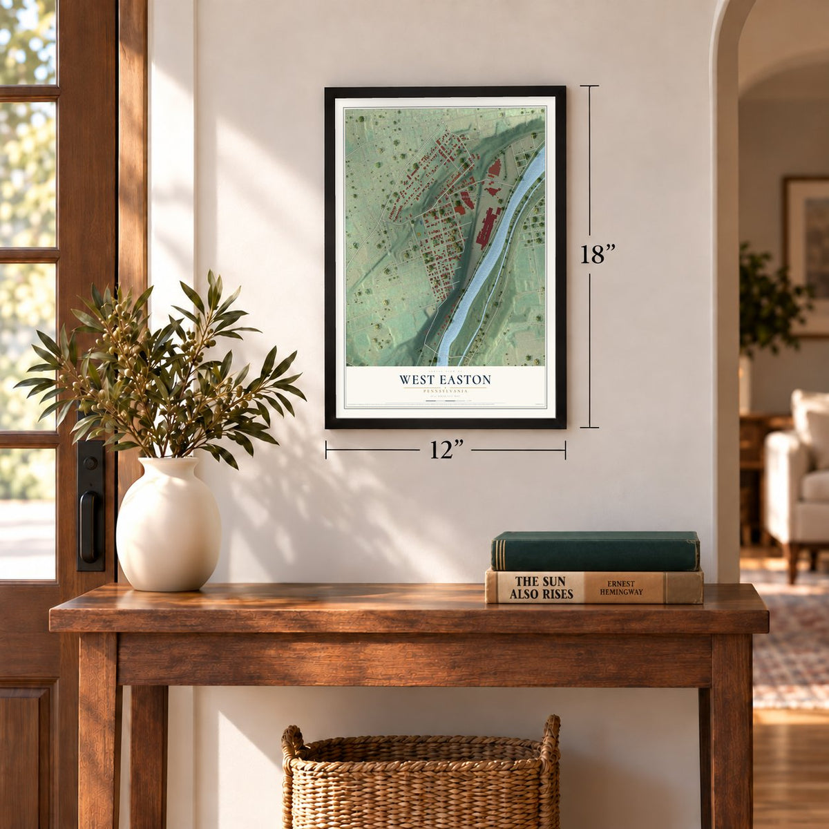 West Easton, Pennsylvania map, 12 x 18 inch print in a black frame in an entryway