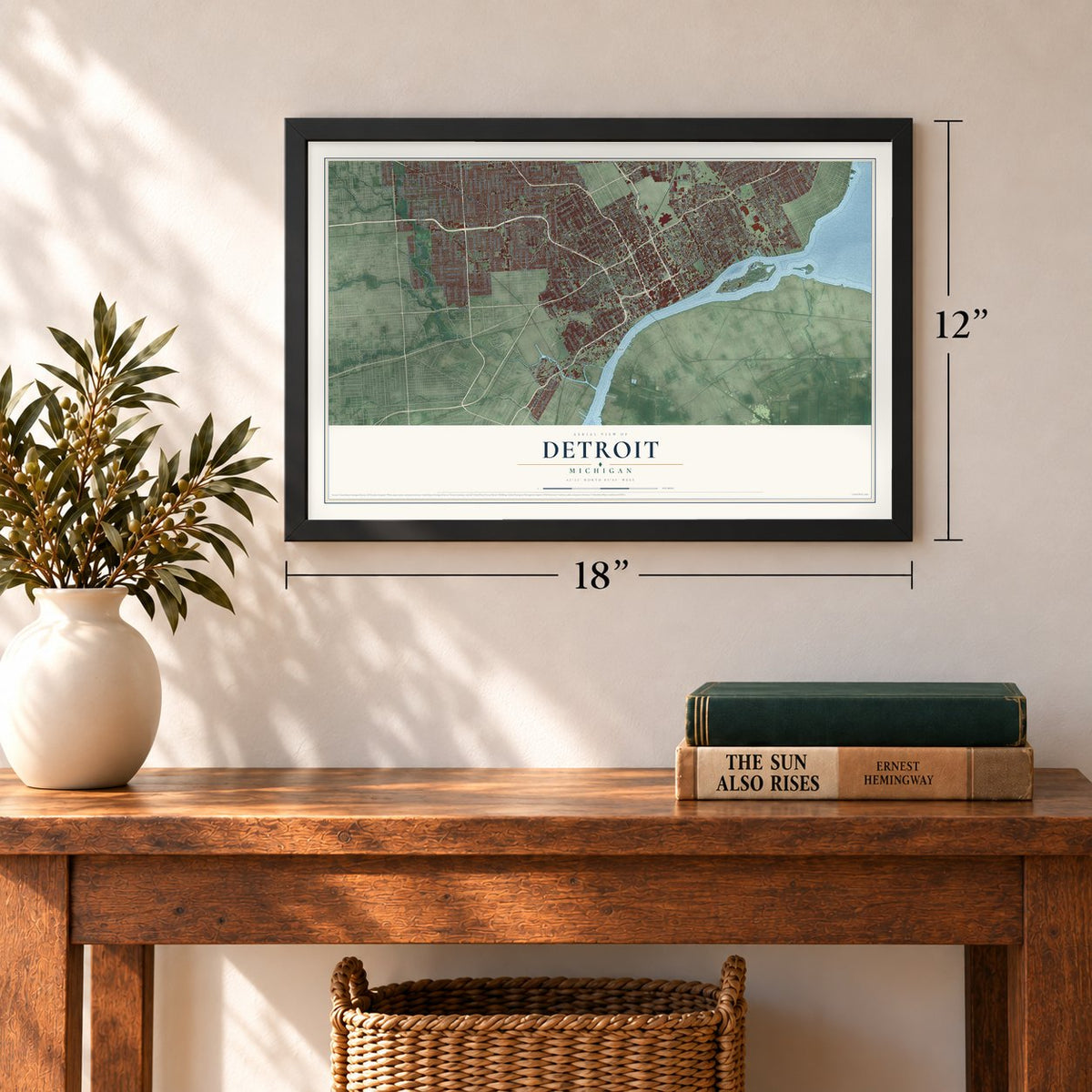 Detroit, Michigan map, 12 x 18 inch print in a black frame in an entryway