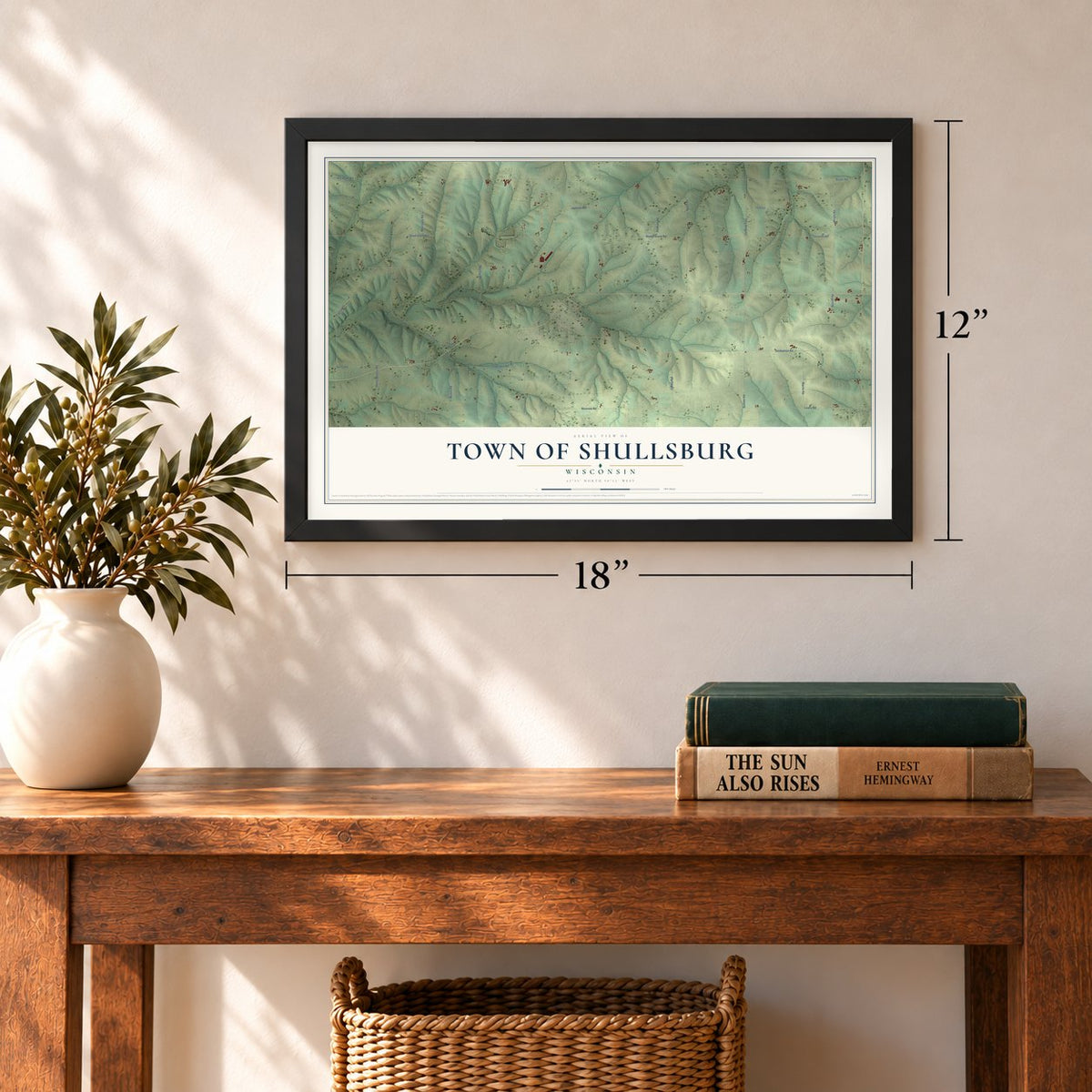 Town of Shullsburg, Wisconsin map, 12 x 18 inch print in a black frame in an entryway