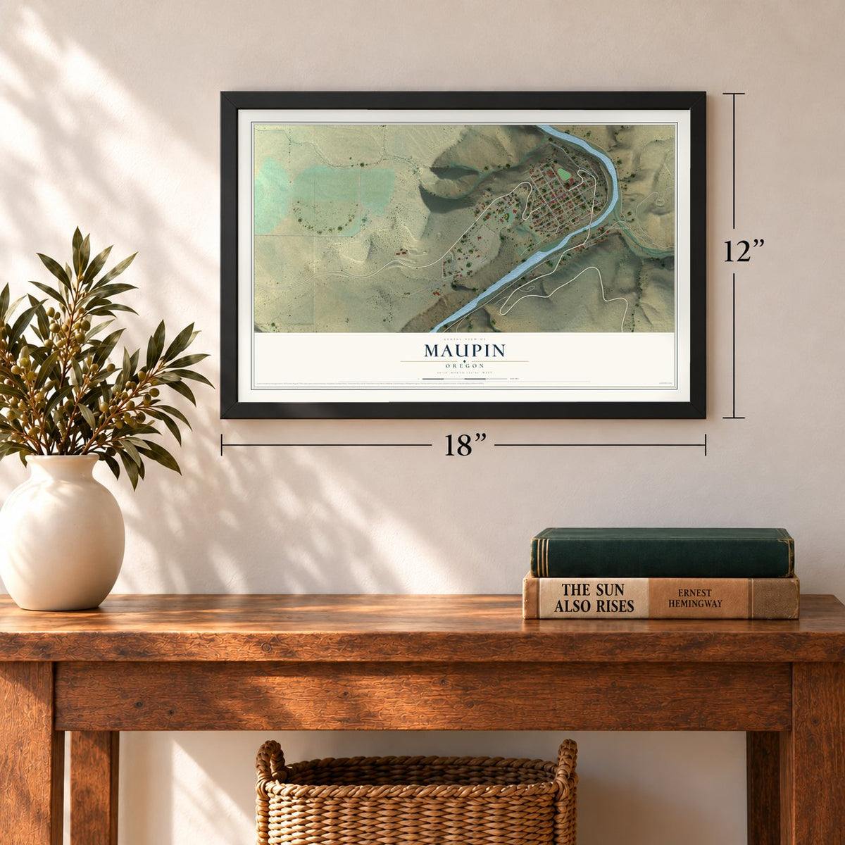 Maupin, Oregon map, 12 x 18 inch print in a black frame in an entryway
