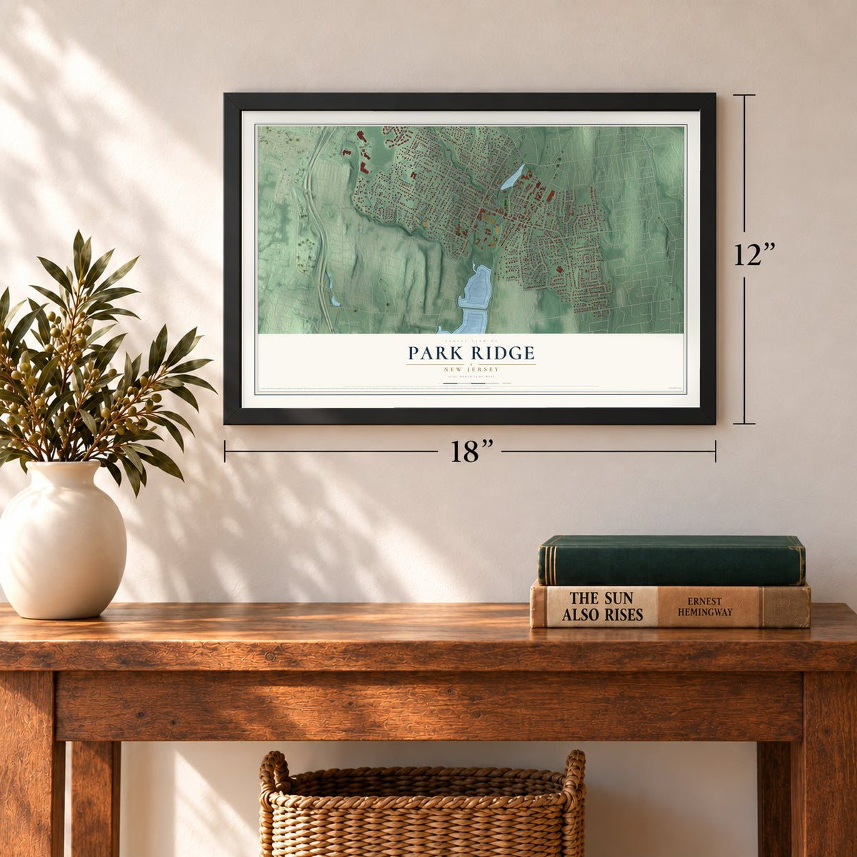 Park Ridge, New Jersey map, 12 x 18 inch print in a black frame in an entryway