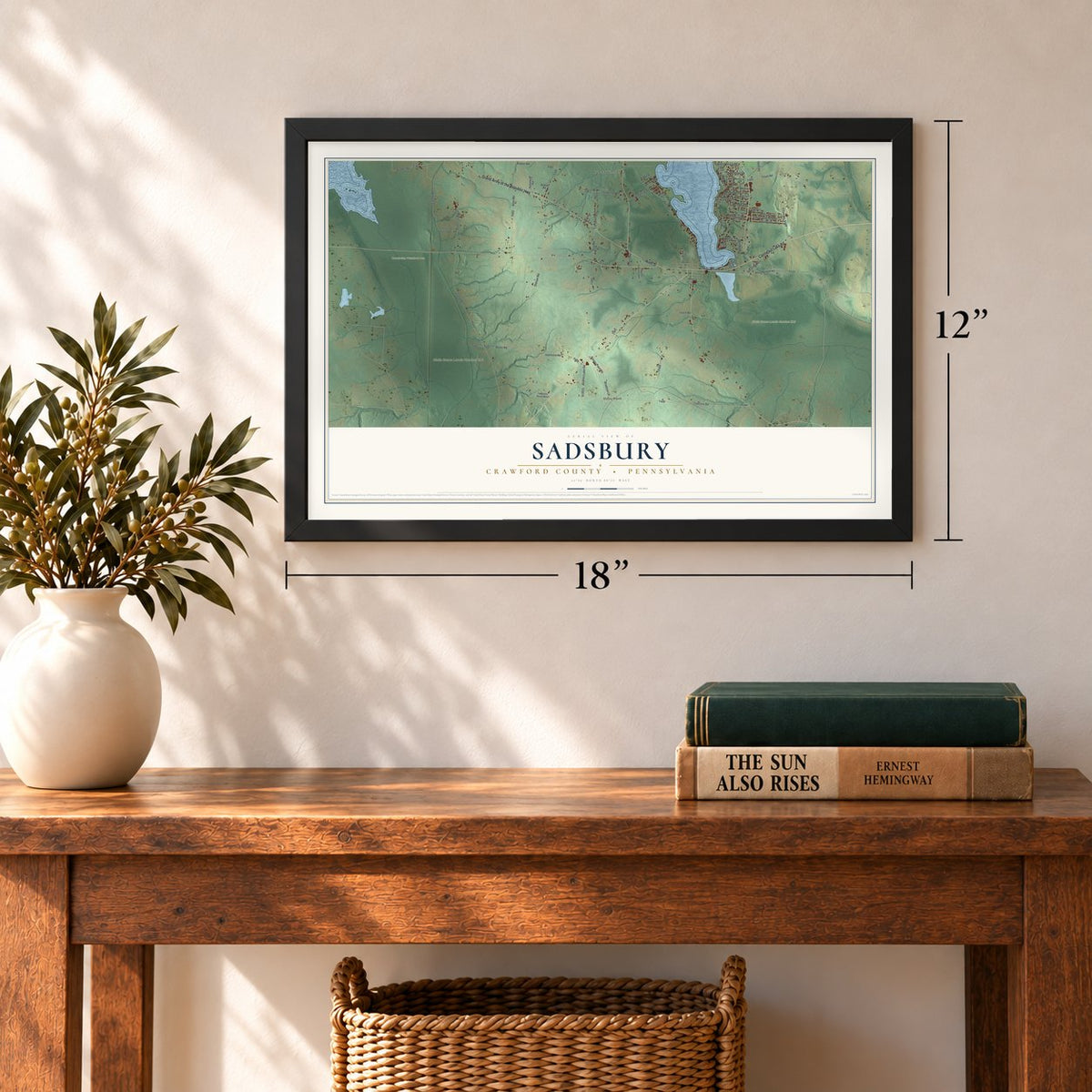 Sadsbury, Crawford County, Pennsylvania map, 12 x 18 inch print in a black frame in an entryway