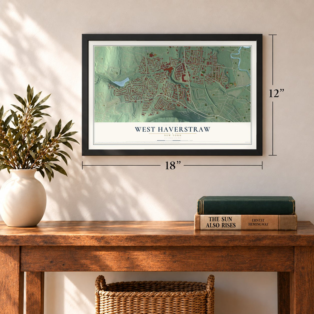 West Haverstraw, New York map, 12 x 18 inch print in a black frame in an entryway
