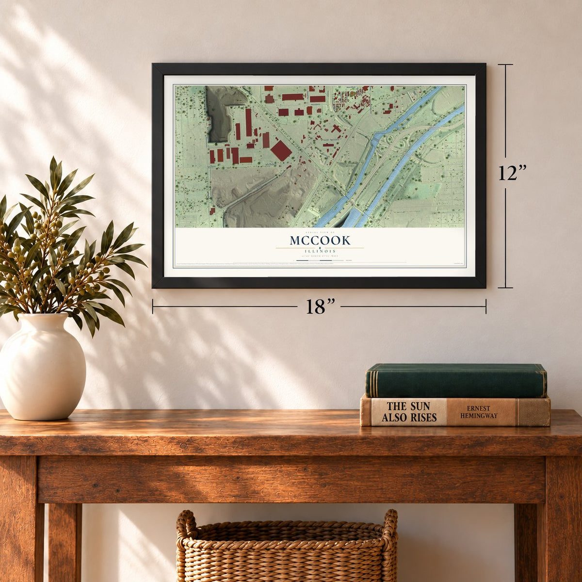 McCook, Illinois map, 12 x 18 inch print in a black frame in an entryway