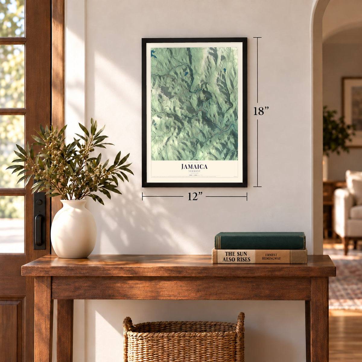 Jamaica, Vermont map, 12 x 18 inch print in a black frame in an entryway