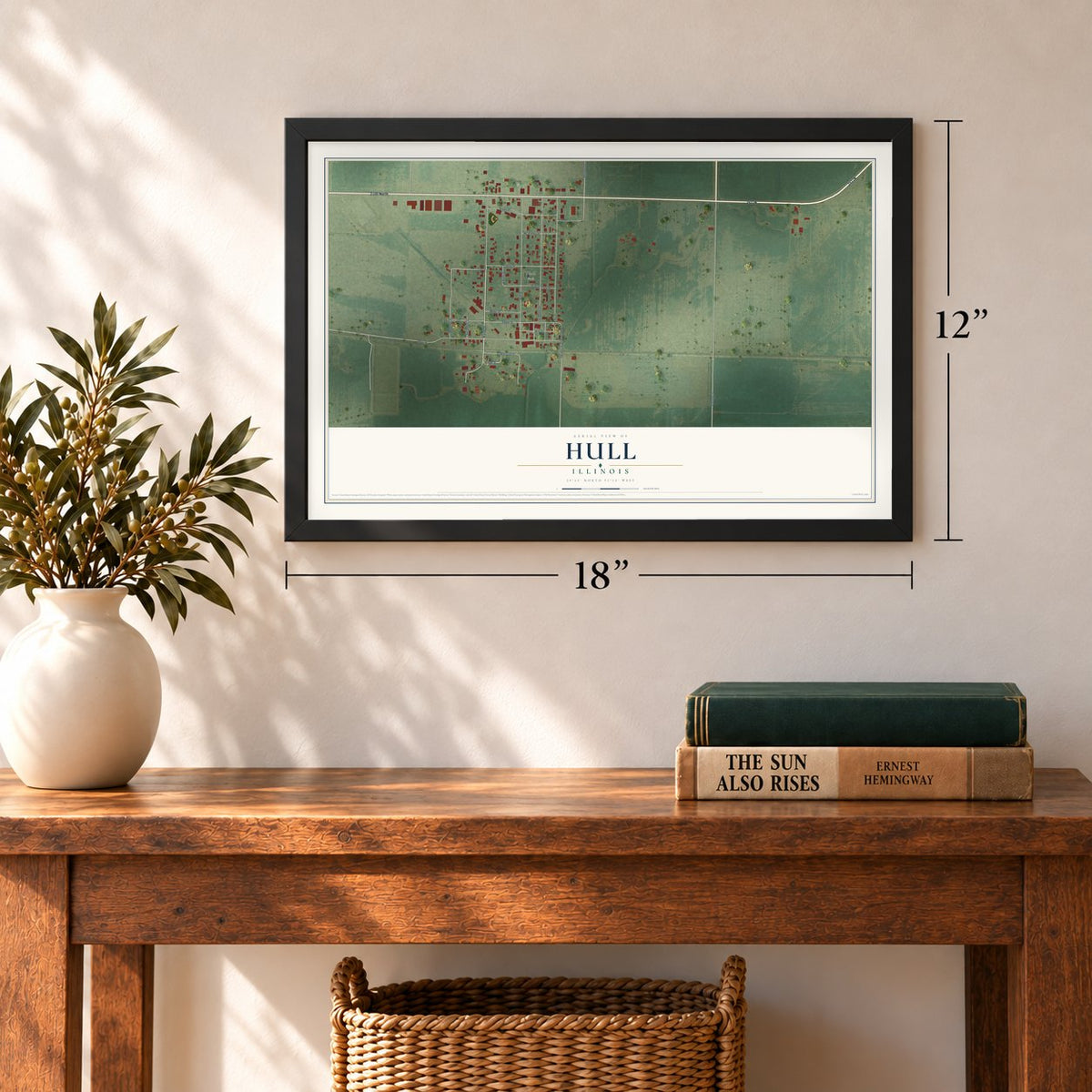 Hull, Illinois map, 12 x 18 inch print in a black frame in an entryway