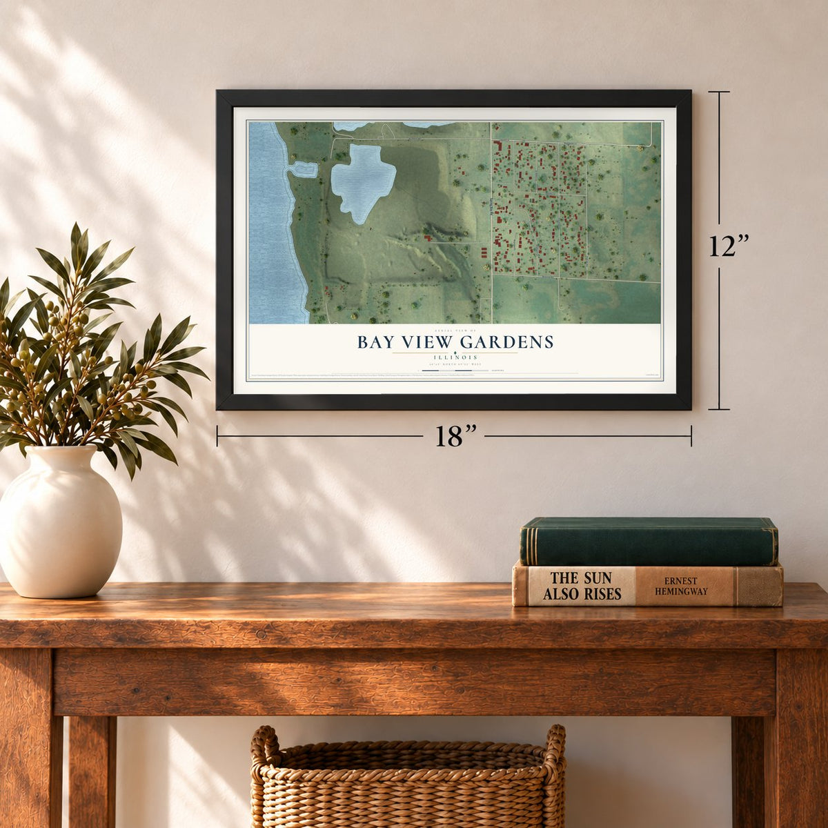 Bay View Gardens, Illinois map, 12 x 18 inch print in a black frame in an entryway