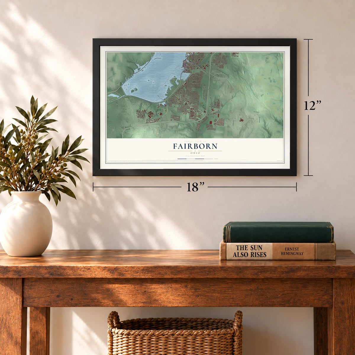Fairborn, Ohio map, 12 x 18 inch print in a black frame in an entryway