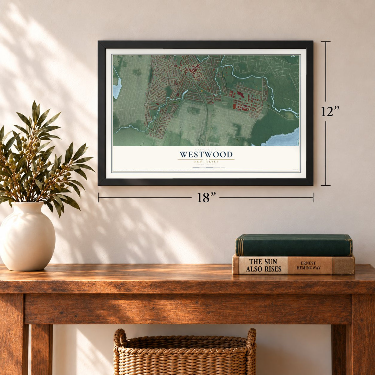 Westwood, New Jersey map, 12 x 18 inch print in a black frame in an entryway