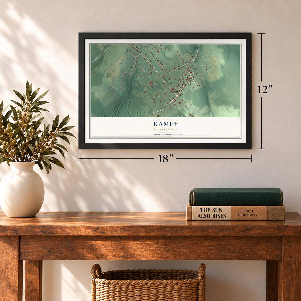 Ramey, Pennsylvania map, 12 x 18 inch print in a black frame in an entryway