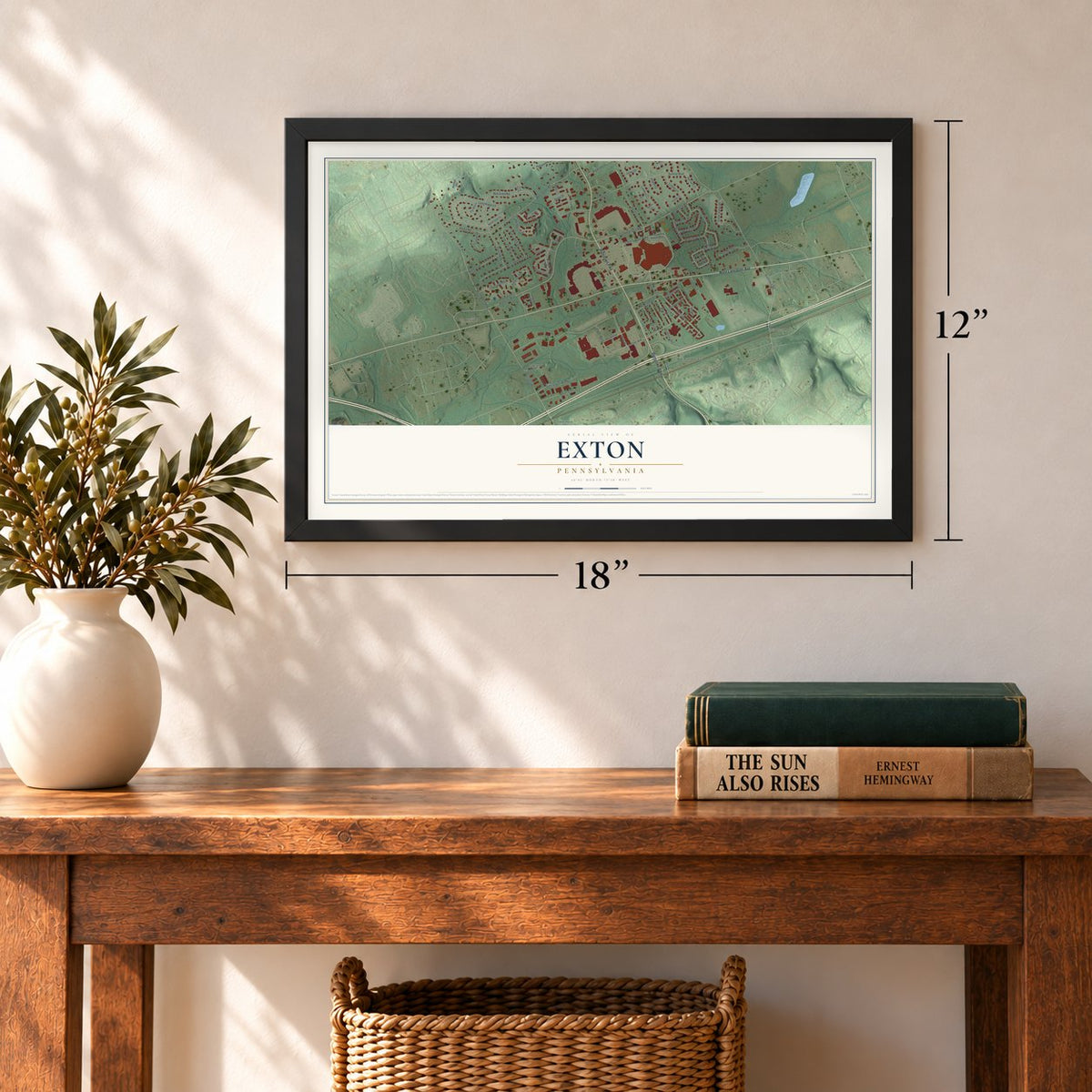 Exton, Pennsylvania map, 12 x 18 inch print in a black frame in an entryway