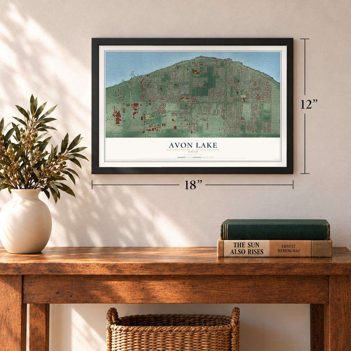 Avon Lake, Ohio map, 12 x 18 inch print in a black frame in an entryway