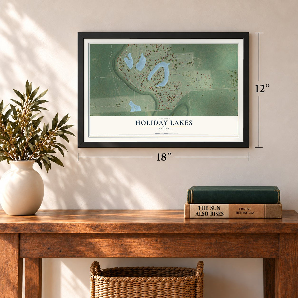 Holiday Lakes, Texas map, 12 x 18 inch print in a black frame in an entryway