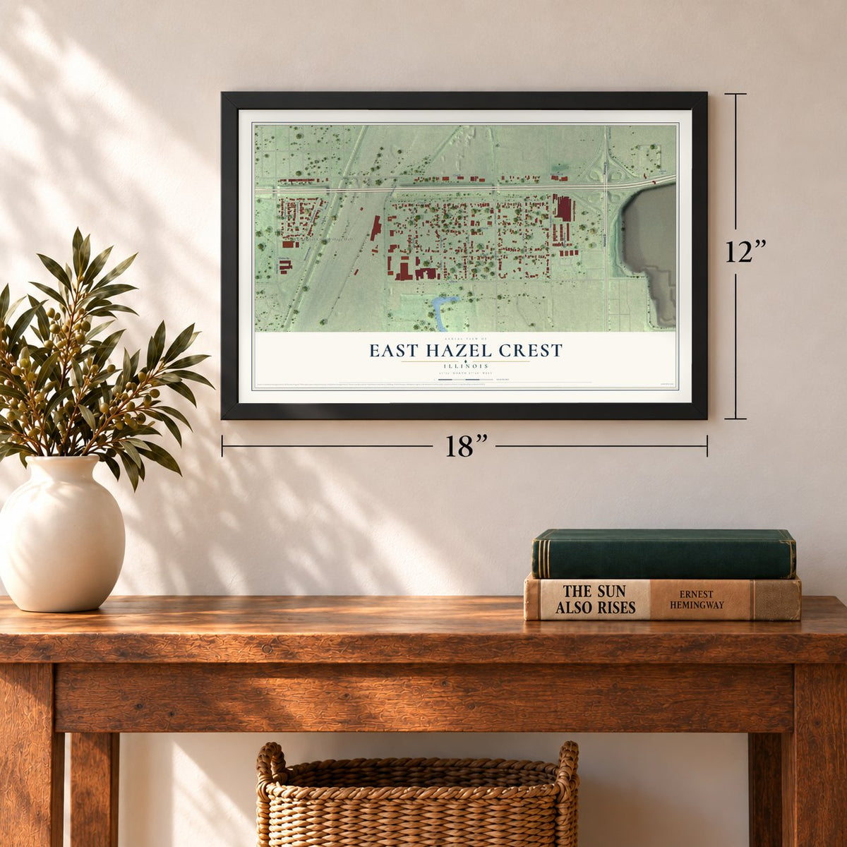 East Hazel Crest, Illinois map, 12 x 18 inch print in a black frame in an entryway