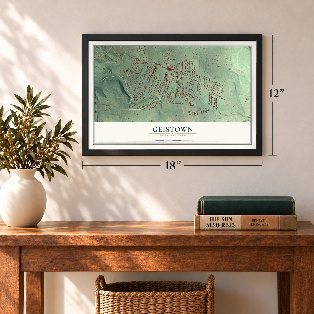 Geistown, Pennsylvania map, 12 x 18 inch print in a black frame in an entryway