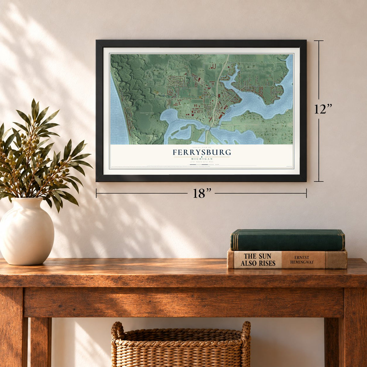 Ferrysburg, Michigan map, 12 x 18 inch print in a black frame in an entryway