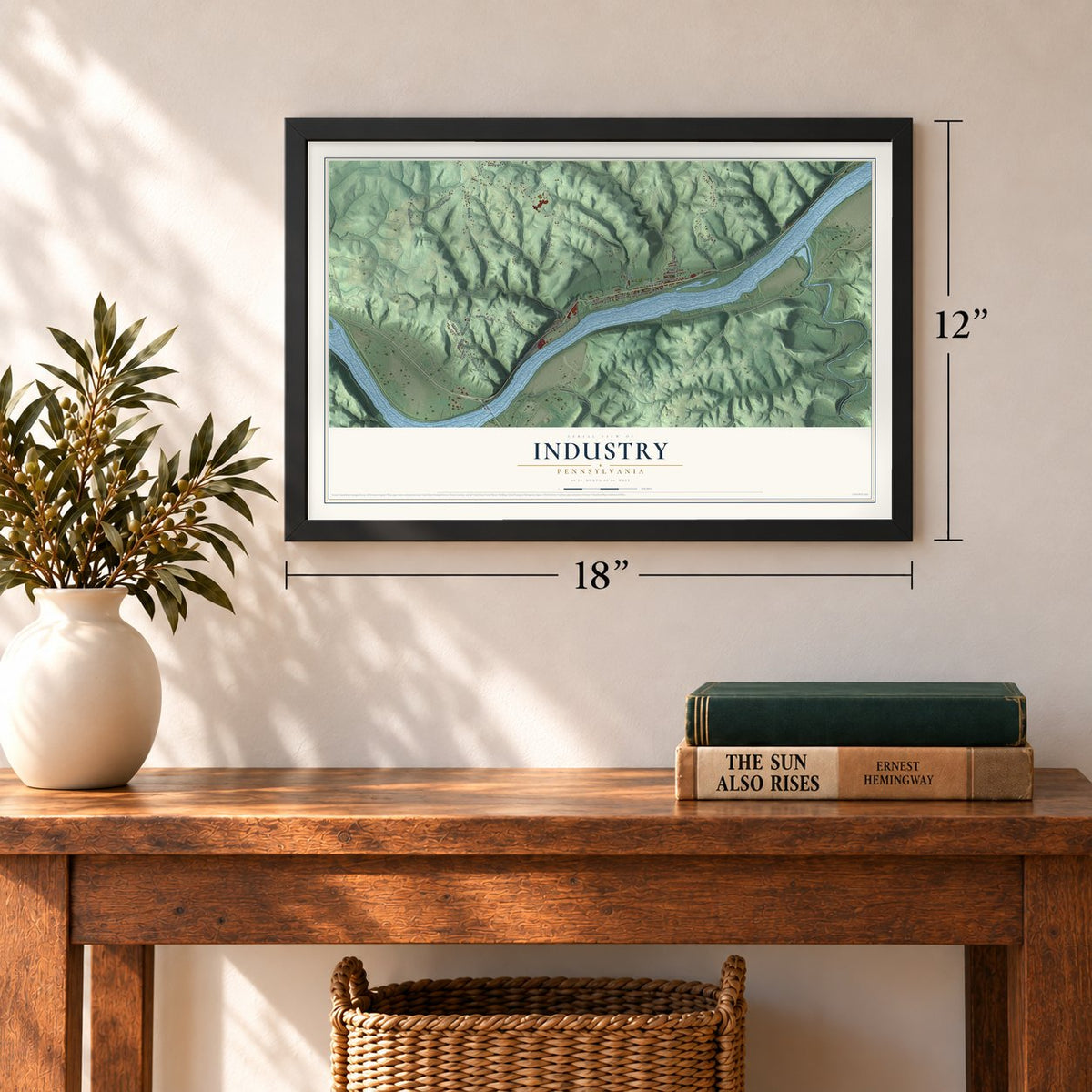 Industry, Pennsylvania map, 12 x 18 inch print in a black frame in an entryway